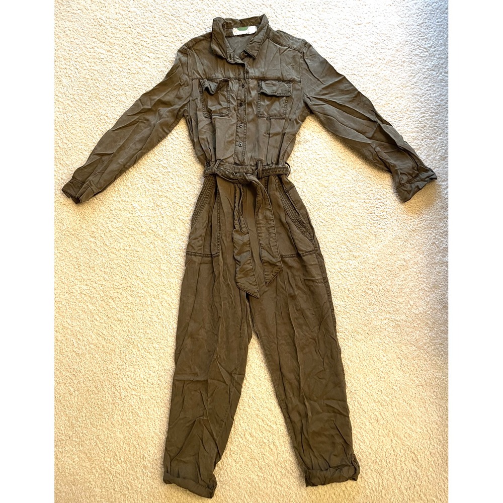 Anthropologie Olive Green Tencel Rolled Leg Cropped Coveralls Jumpsuit Women S